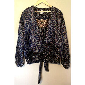 Vintage Evanna Long Sleeve 100% Polyester Geometric Blouse Sz 16 Tie Waist USA